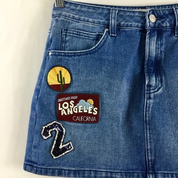 PACSUN Denim Jean Mini Skirt With Patches Size 27 - Picture 2 of 9